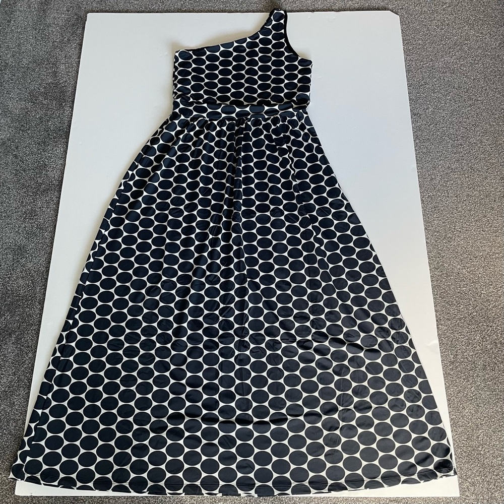 Women Lovely Black with Big White Dots One-shoulder Maxi Dress Stretchy Fabric